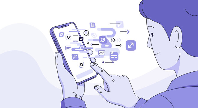 Person using smartphone with digital icons and arrows concept
