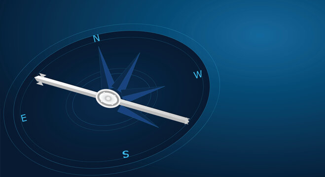 Modern blue abstract digital navigation background showcasing a white compass arrow pointing northwest on a clean isometric grid layout