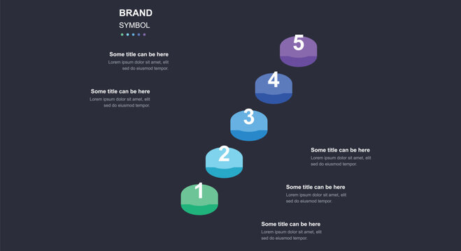 Professional corporate presentation timeline featuring five diagonal rising stepped blocks labeled one to five on dark grey backdrop