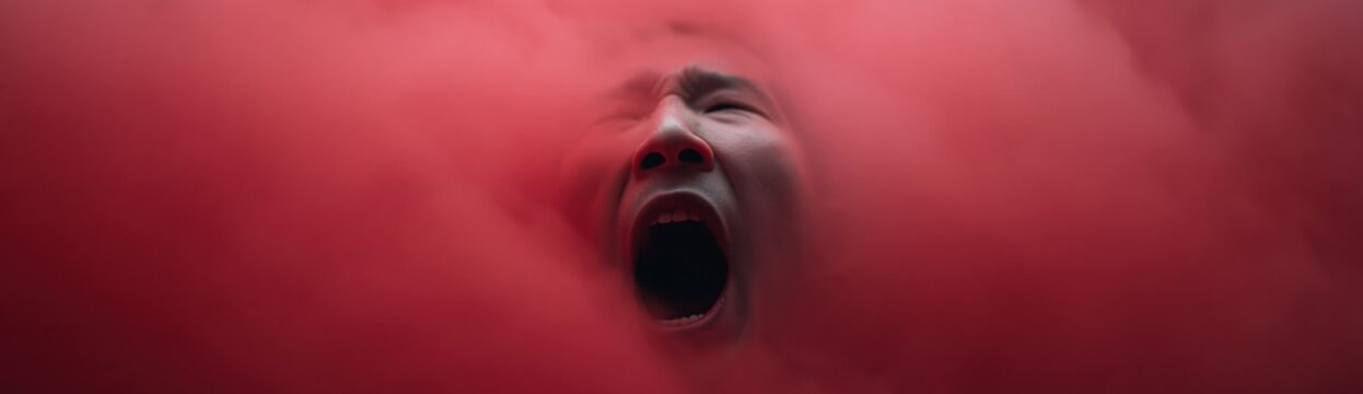 Screaming face enveloped in red smoke amid dense colored fog