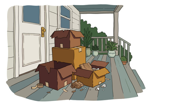 A stack of brown cardboard moving boxes sitting on a porch floor. EPS Editable. Vector Illustrations.