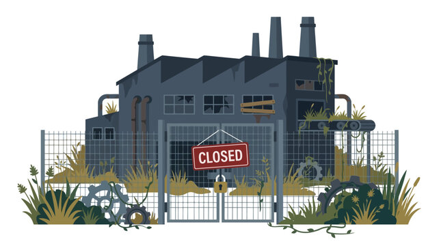 Abandoned Industrial Factory Building with Closed Sign and Overgrown Fence. EPS Editable. Vector Illustrations.