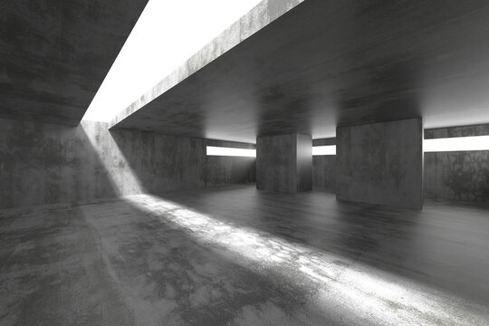 Concrete architectural interior with skylights and dramatic light shafts for modern background and wallpaper design.3d render