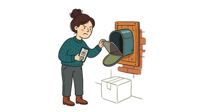 An illustration of a young woman checking her mailbox with a concerned expression. EPS Editable. Vector Illustrations.