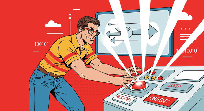Nerd pushing button, data concept, technology, retro illustration