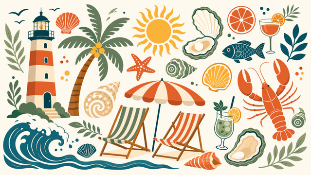 Vibrant summer beach scene with lighthouse, palm tree, and seaside elements