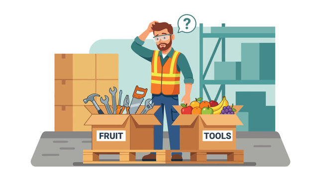 Confused warehouse worker sorting fruit and tools in wrong boxes. EPS Editable. Vector Illustrations.