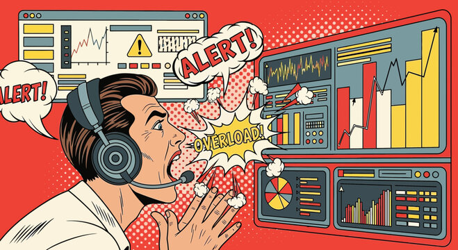 Man with headset on red background, seeing alerts on computer screens with graphs