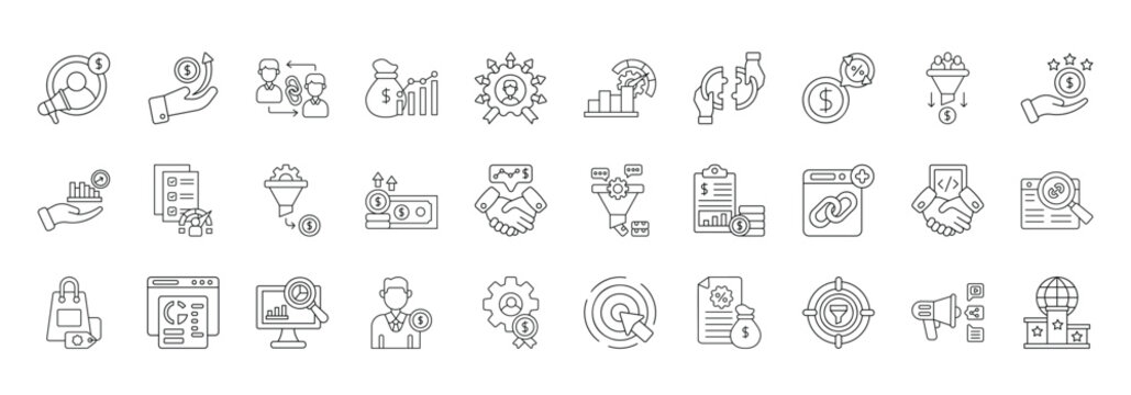 Affiliate Marketing Icon set Collection in Line Style. program, sales, tracker, referral, earning, badge, network