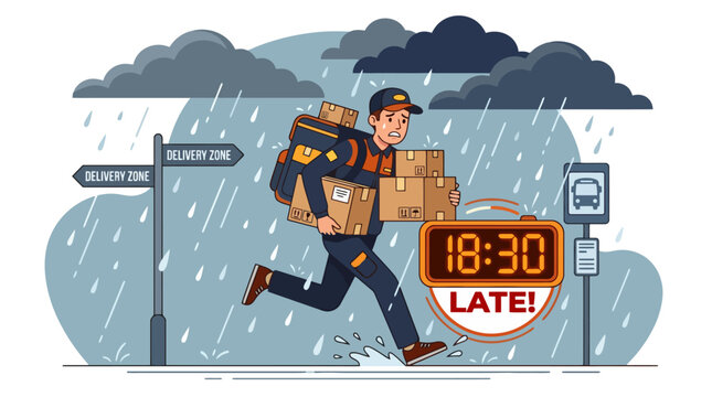 Delivery man running with cardboard boxes under heavy rain. EPS Editable. Vector Illustrations.