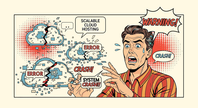 Man Shocked by Cloud System Crash, Error, Warning, Scalable Hosting Failure