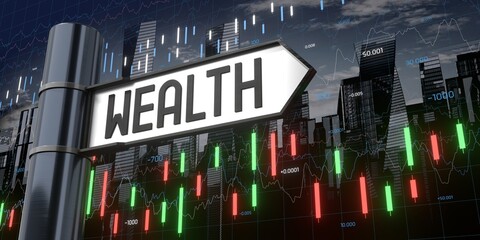Wealth - signpost and financial data - 3D illustration © PX Media