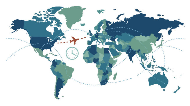 Global world map illustration with airplane travel routes and time clock icon. EPS Editable. Vector Illustrations.