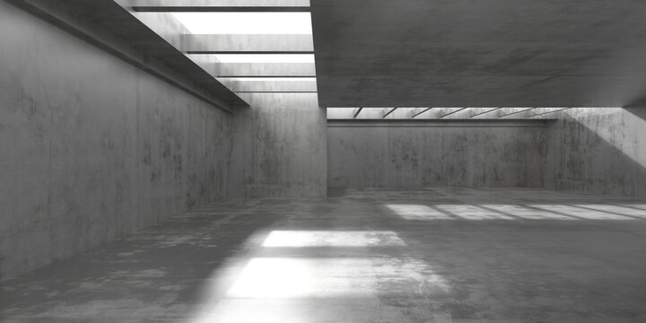 Empty concrete industrial interior with skylights and dramatic light for architectural visualization and background use.3d render