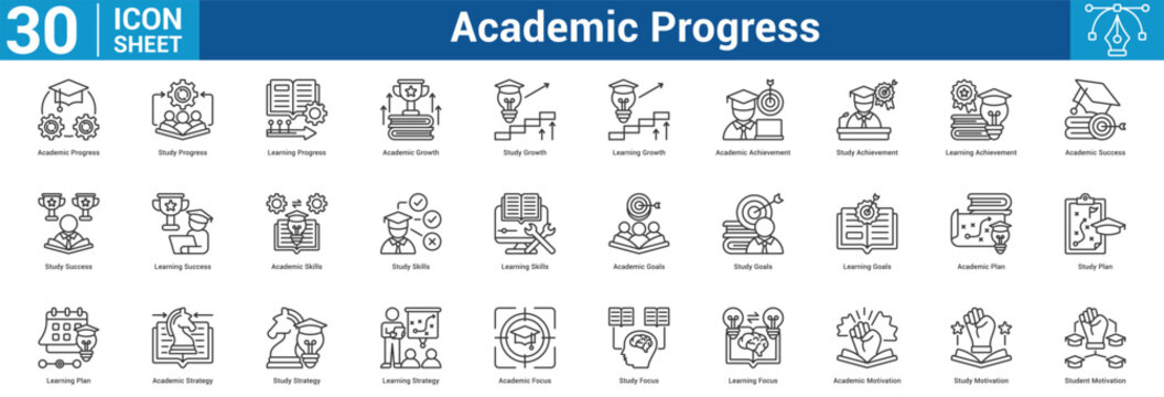 Academic Progress editable icon set vector illustration concept for business with icon of Academic Progress, Study Progress, Learning Progress, Academic Growth, Study Growth, Learning Growth, Academi.