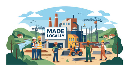 Naklejka premium Industrial manufacturing facility with workers and heavy machinery illustration. EPS Editable. Vector Illustrations.