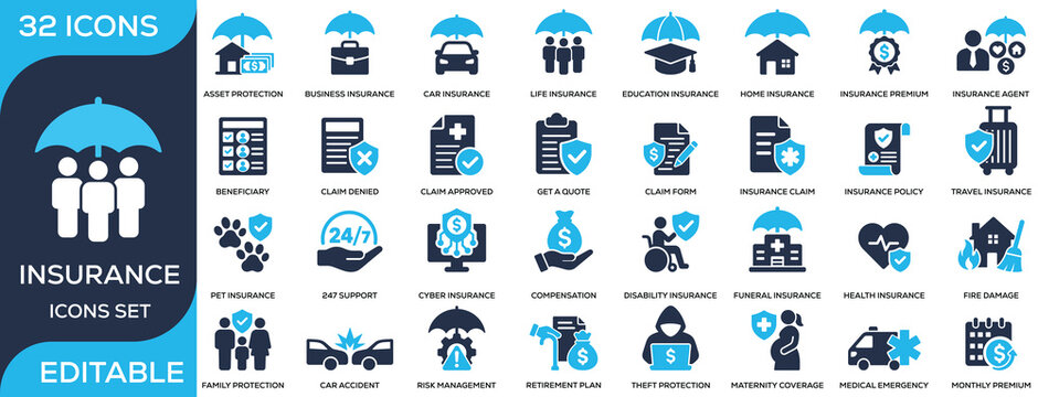 Insurance solid icon set featuring health, life, car, business, claims, and risk protection. Flat vector icons for insurance services and financial security projects.