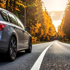 Fototapeta premium Silver car driving on autumn road.