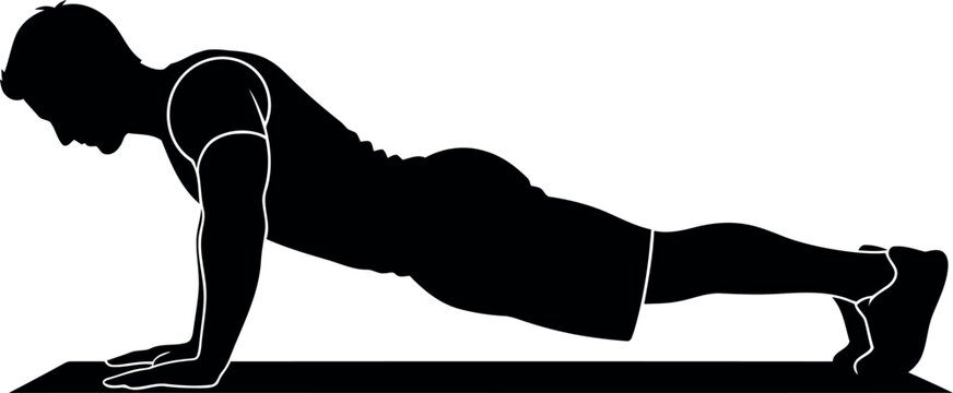 Silhouette of Man Doing Push Up Exercise on Mat Isolated on White Background Vector Illustration
