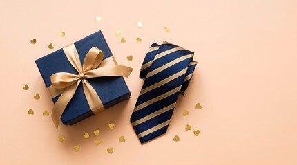 Obraz premium Father's day gift ideas navy blue gift box with gold ribbon and striped tie on peach background with heart confetti