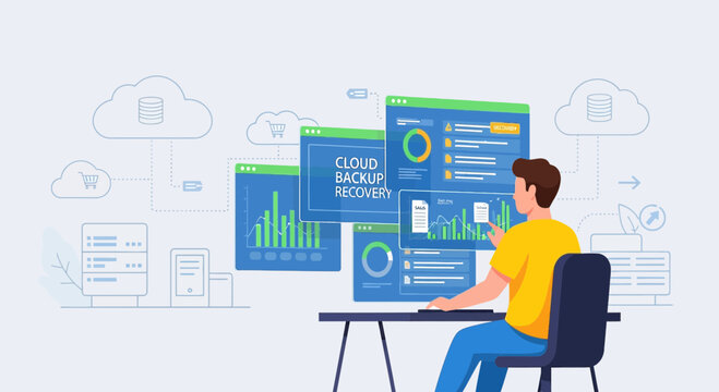 Man using computer for cloud backup and data recovery, digital analytics