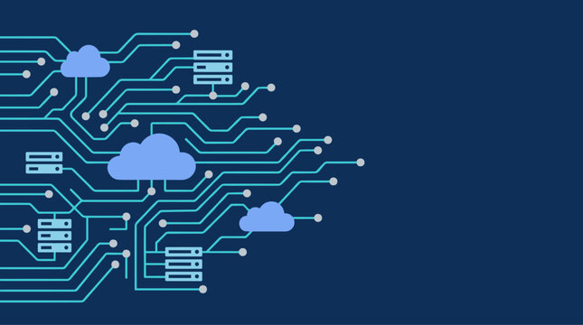 Cloud computing server infrastructure with circuit board lines vector illustration
