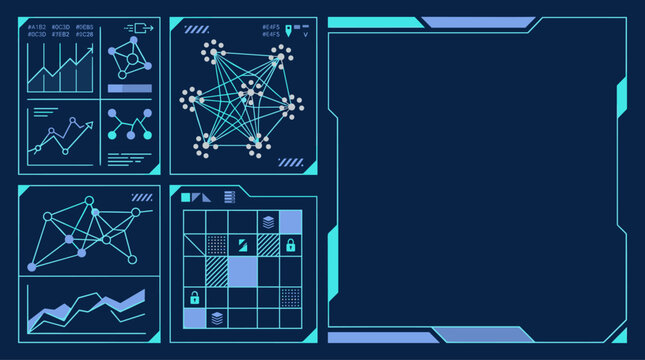 Futuristic HUD interface design with data analytics and networking elements