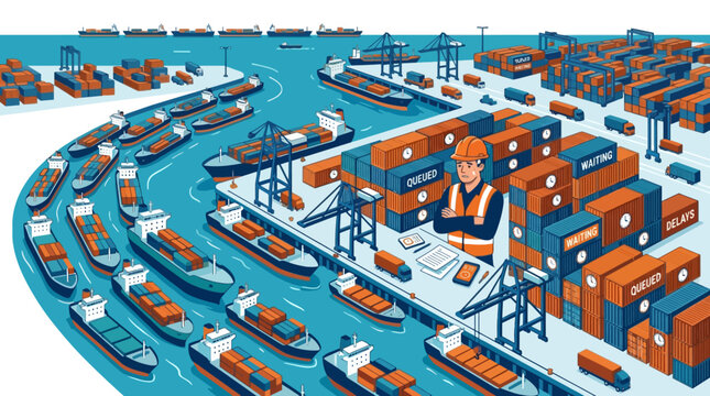 Professional Logistics Manager Overseeing Busy International Container Shipping Port. EPS Editable. Vector Illustrations.