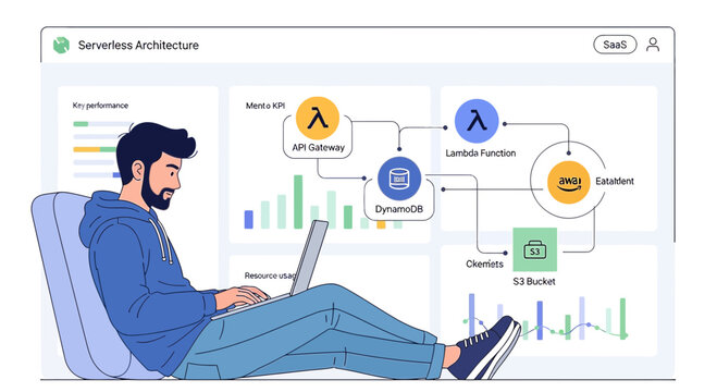 Man using laptop with serverless architecture diagram, data charts