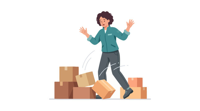 Stressed delivery woman dropping cardboard boxes in a chaotic shipping incident. EPS Editable. Vector Illustrations.