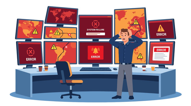 Stressed IT professional managing global cyber security network failure. EPS Editable. Vector Illustrations.