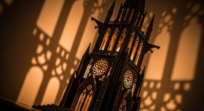 Intricate gothic architecture model with dramatic lighting and shadow play