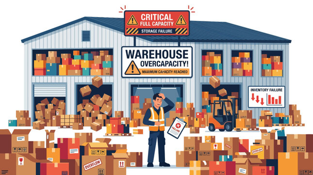 Stressed warehouse manager dealing with full capacity inventory overload. EPS Editable. Vector Illustrations.