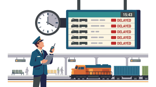 Train station controller holding a radio on the platform. EPS Editable. Vector Illustrations.