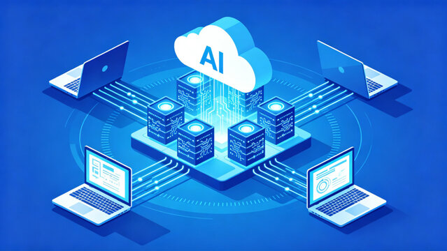 Isometric AI cloud computing network with secure data server infrastructure and digital technology connection system, idea for enterprise IT innovation