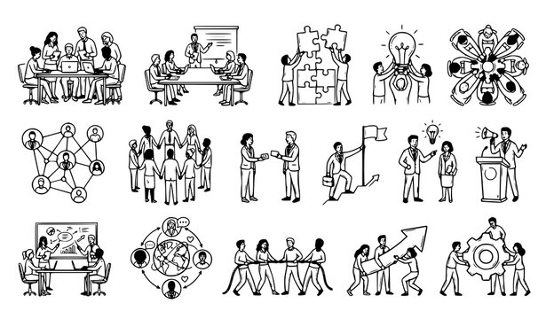 Hand Drawn People Teamwork Vector Icons with Work Group and Collaboration Elements