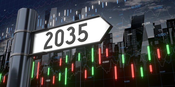 2035 - signpost and financial data - 3D illustration