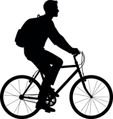Naklejka premium Silhouette of Young Man Riding Bicycle with Backpack Isolated on White Background