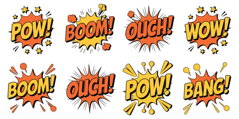Comic Sound Effect Illustration Set, POW BOOM OUCH WOW and BANG vector design concepts, pop art explosive typography elements for retro comic style graphics. © Ayat 04