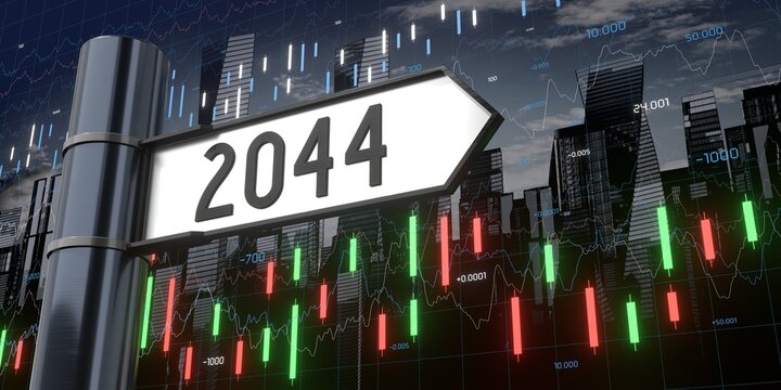 2044 - signpost and financial data - 3D illustration