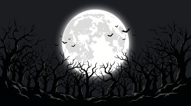 Spooky halloween background with full moon and flying bats over scary dead forest