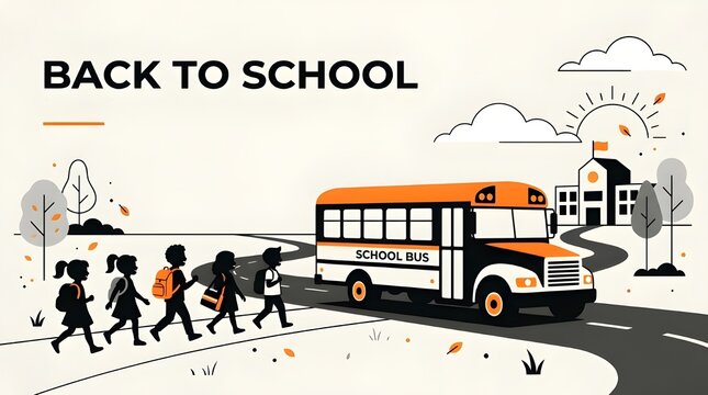 Back to school vector illustration with students walking to the school bus
