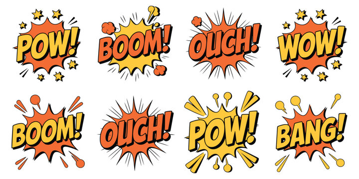 Comic Sound Effect Illustration Set, POW BOOM OUCH WOW and BANG vector design concepts, pop art explosive typography elements for retro comic style graphics.