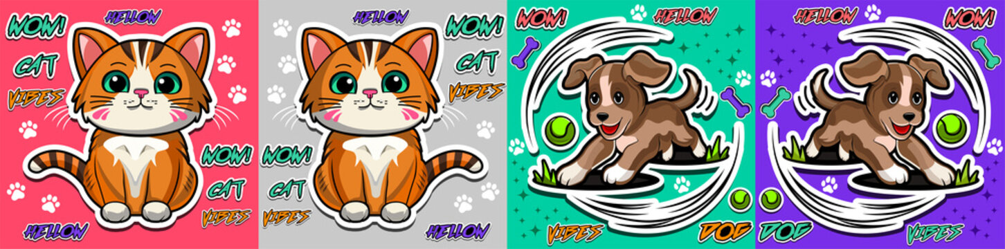 Collection of cute cartoon cat dog sticker adorable anime  style domestic pets. Playful graphic text elements with vibrant background. Sweet orange stripes tabby kitten sitting down and energetic.