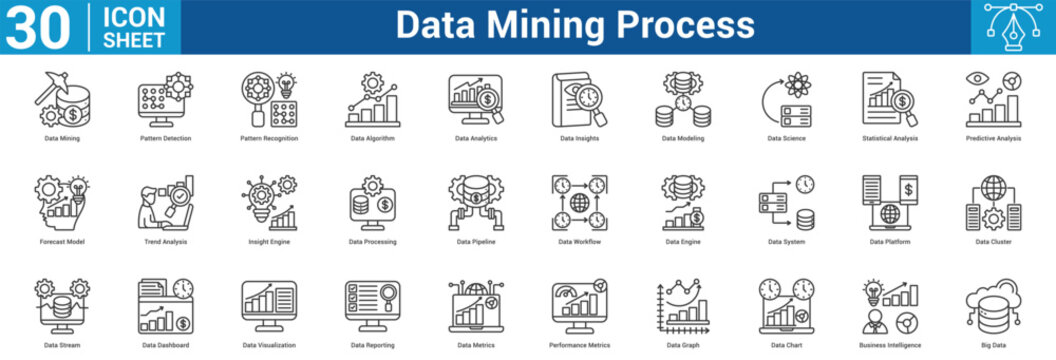 Data Mining Process editable icon set vector illustration concept for business with icon of Data Mining, Pattern Detection, Pattern Recognition, Data Algorithm, Data Analytics, Data Insights, Dat.