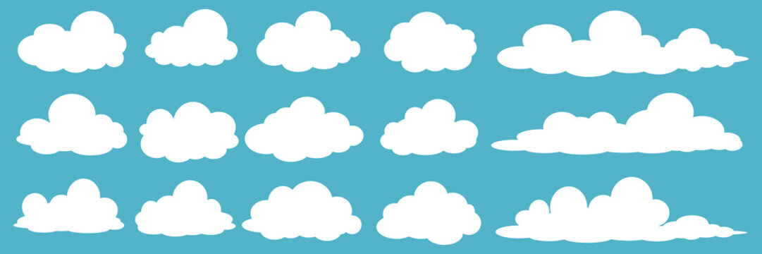 set of vector illustrations of clumpy clouds, cloud bubbles in flat style on a blue background	