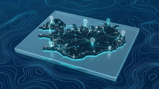 Iceland map with glowing connections and location pins