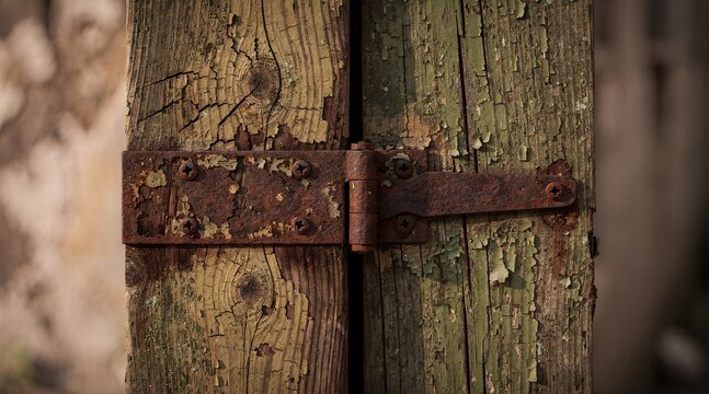 A close up view of an old rusty metal hinge attached to weathered wooden door planks.