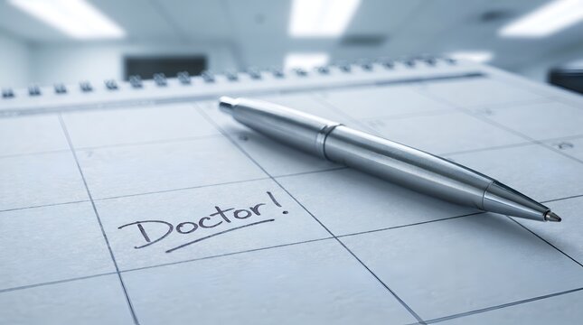 Silver pen rests on a calendar page with "Doctor!" written in script