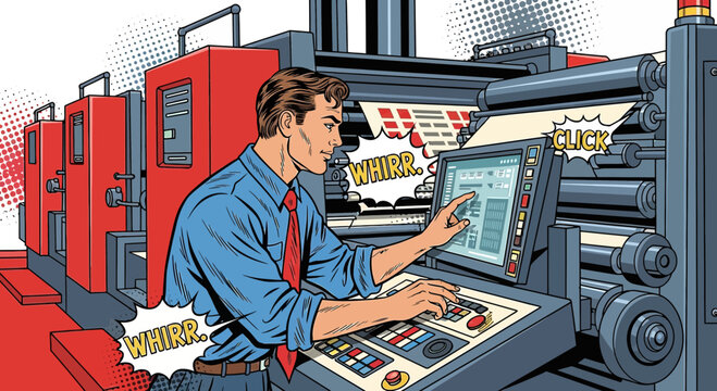 Man operating printing press machine